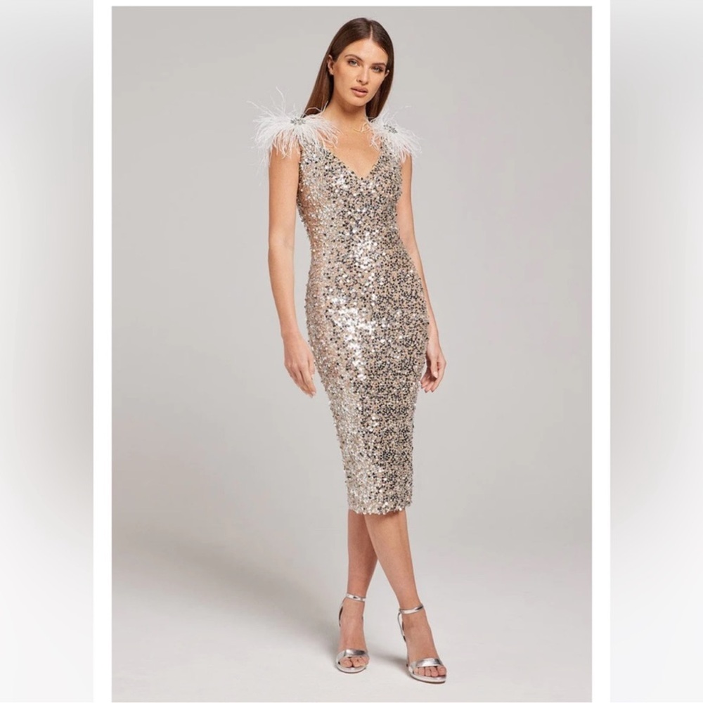 Silver Sequin Midi Dress with Feather Details